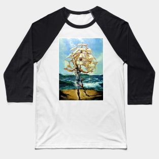 Tall Ship Fantasy Abstract Emerging from the Ocean Print Baseball T-Shirt